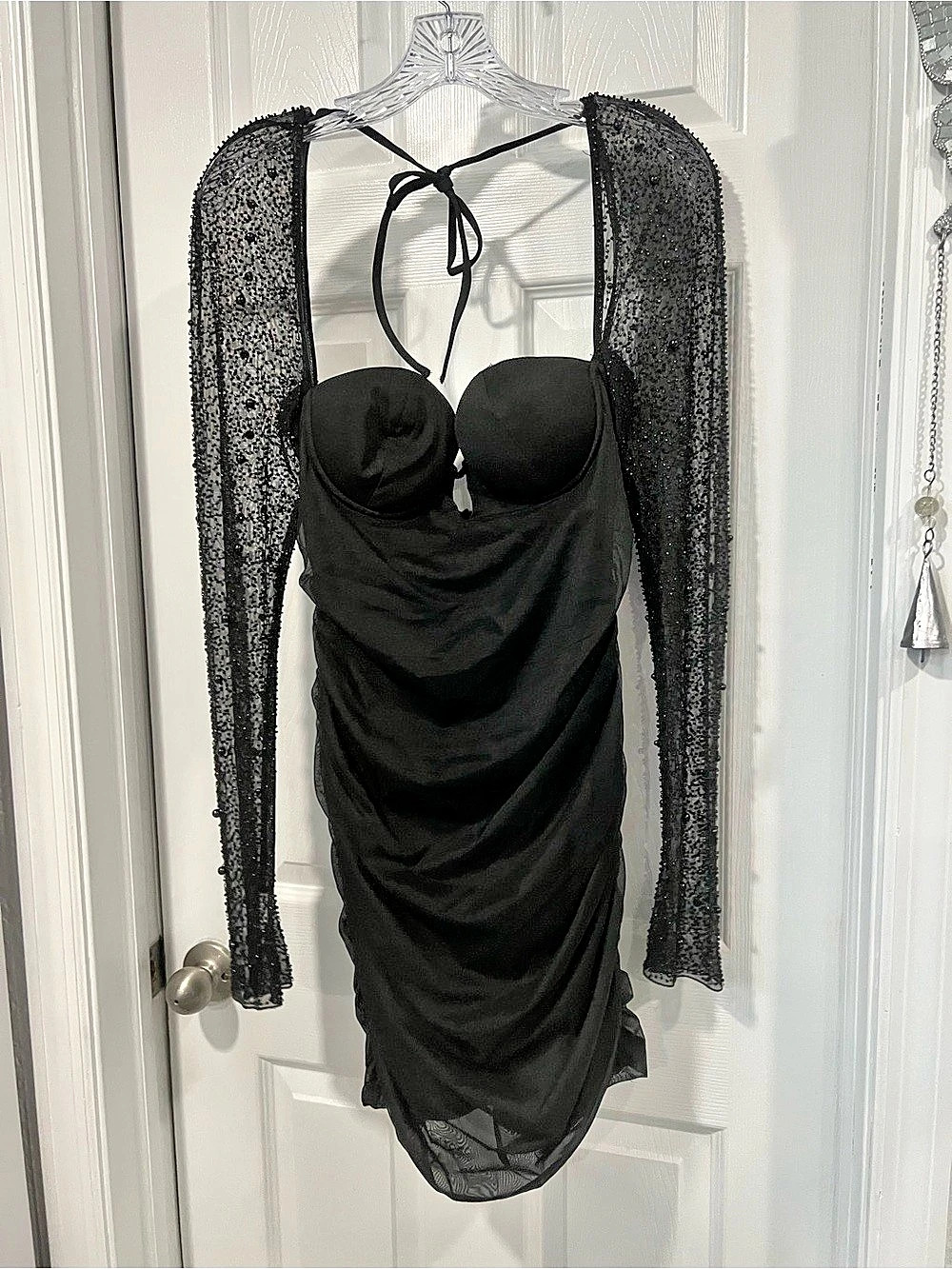 Fashion Nova Ruched Lace Sleeve Mini Dress in Black Size Medium Like New